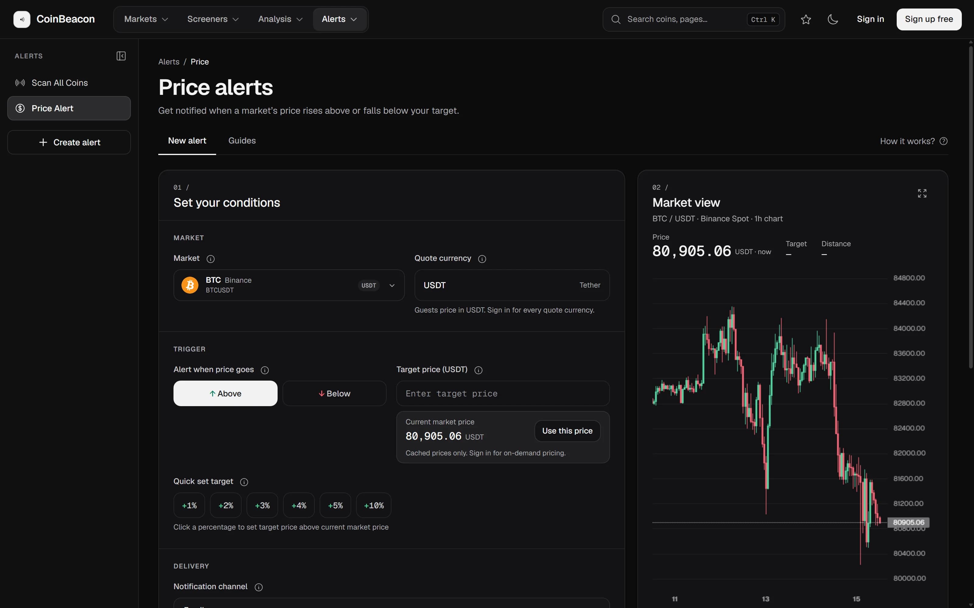The CoinBeacon price alert builder on BTC/USDT, Binance Spot: Above and Below buttons, an empty target price field beside the current market price with a Use this price button, quick-set chips from +1% to +10%, and a one-hour Bitcoin candle chart with Target and Distance readouts on the right.