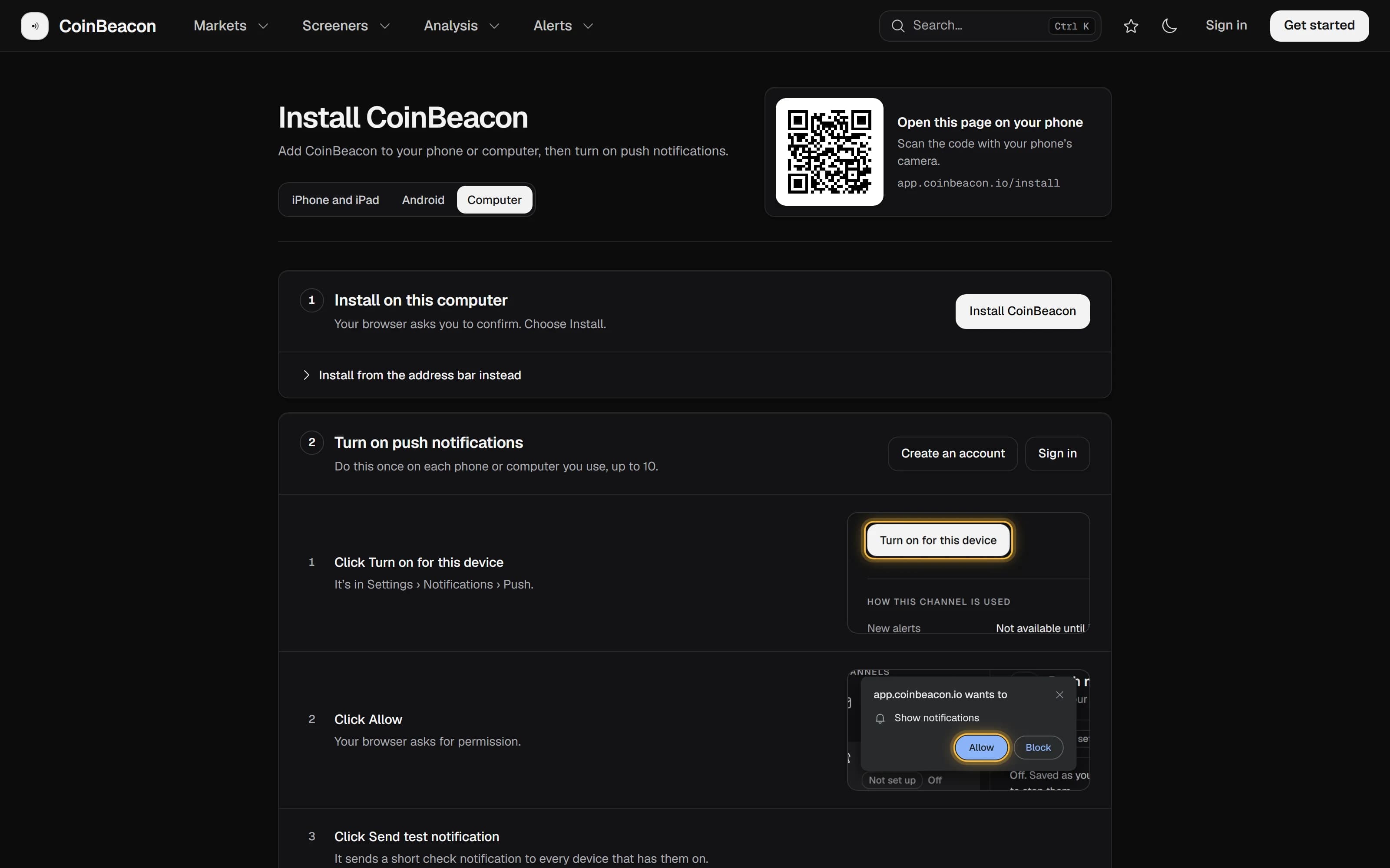 CoinBeacon’s Install page on a computer: a device switch set to Computer and a QR code that opens the page on a phone, then step 1, Install on this computer, with an Install CoinBeacon button, and step 2, Turn on push notifications, with numbered steps beside pictures of the Push settings and Chrome’s Allow prompt.