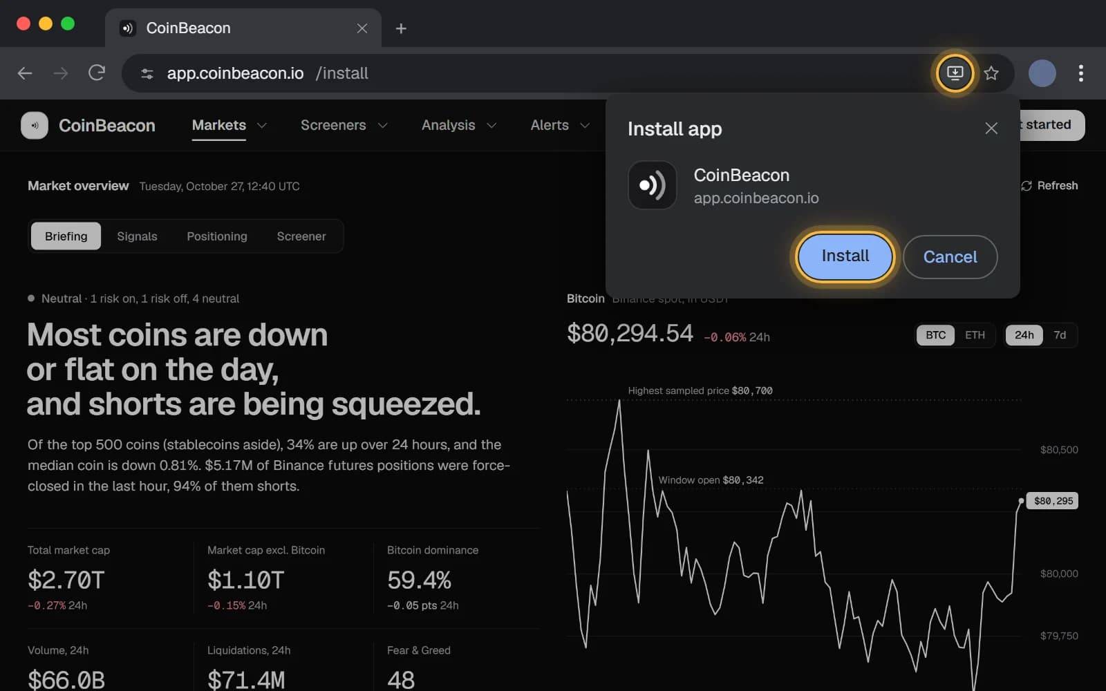 Chrome on a computer showing the CoinBeacon market overview: the install icon at the right of the address bar is highlighted, and under it Chrome’s Install app box shows the CoinBeacon icon, name and app.coinbeacon.io with a highlighted Install button.